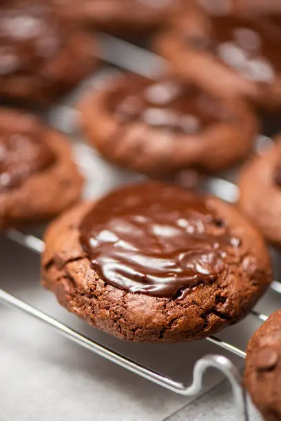 Choc-chip cookies freshly baked with dark chocolate drizzle, food background.