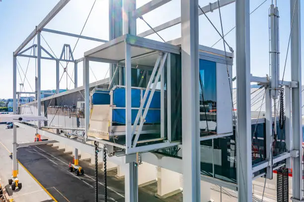 Retractable Passenger Boarding Bridge used to connect airport or cruise ship port terminal to aircraft or boat on arrival. This narrow enclosed tunnel allows smooth operation in all weather conditions