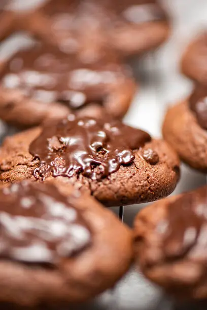 Choc-chip cookies freshly baked with dark chocolate drizzle, food background.