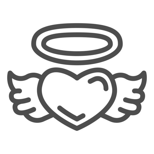 ilustraciones, imágenes clip art, dibujos animados e iconos de stock de icono de la línea del corazón del ángel, concepto del día de san valentín, corazón con alas y signo nimbus sobre fondo blanco, halo y ala en el icono del corazón en estilo de contorno para el concepto móvil. gráficos vectoriales. - heart shape wing red vector