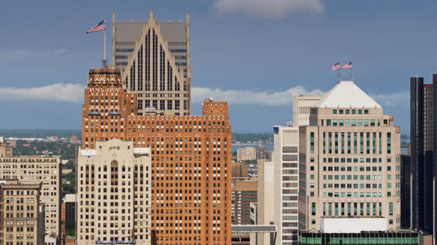 istock Stars and Stripes Flying Over Downtown Detroit 1287534391