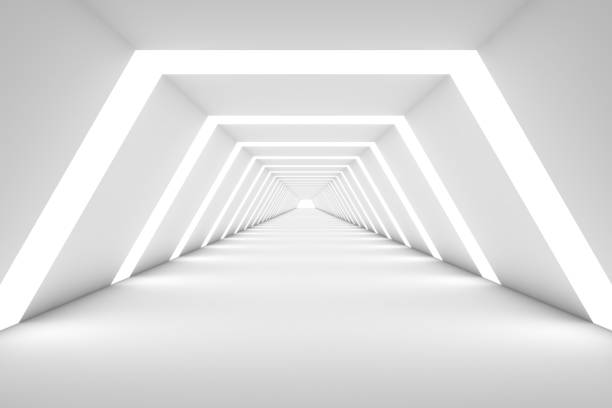 abstract illuminated empty white corridor interior - symmetry black and white architecture contemporary imagens e fotografias de stock