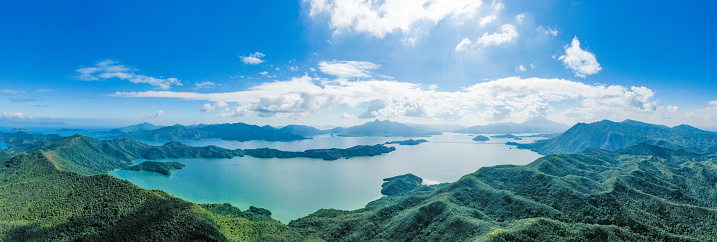Aerial Panorama landscape of Plover Cove Reservoir, Hong Kong, outoor, daytime