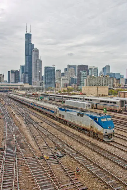 Amtrak GE Genesis P42DC Diesel Locomotive pulling Amfleet Cars departure from Chicago Union Station.