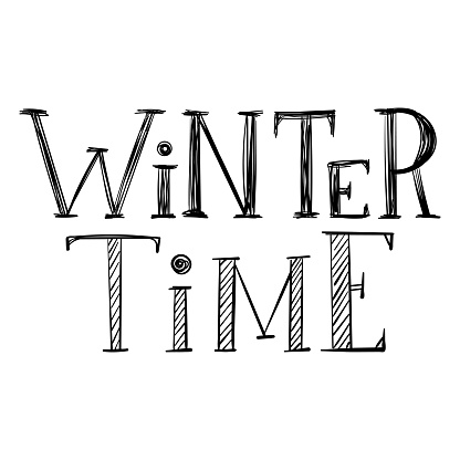 Handwritten inscription, words-Winter time. The letters are hand-drawn. Hand lettering. Type of graphic, text-based black-and-white illustration. Isolated on a white background