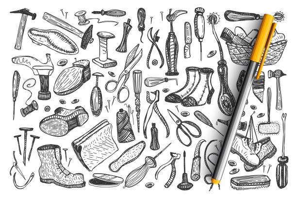 Shoemaking hand drawn doodle set Shoemaking doodle set. Collection of male female boots repair tailoring atelier instruments isolated on white background. Handcrafting fashionable fabric cloth footwear workshop equipment illustration shoemaker stock illustrations