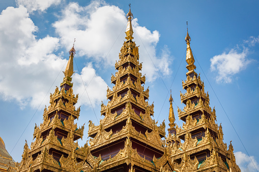 Ornate Spire Cllose Loha Prasat Metal Castle Buddhist Temple Wat Ratchanaddaram Worawihan Bangkok Thailand. Built 1846. 37 Spires for 37 Buddhist virtues to reach enlightenment.