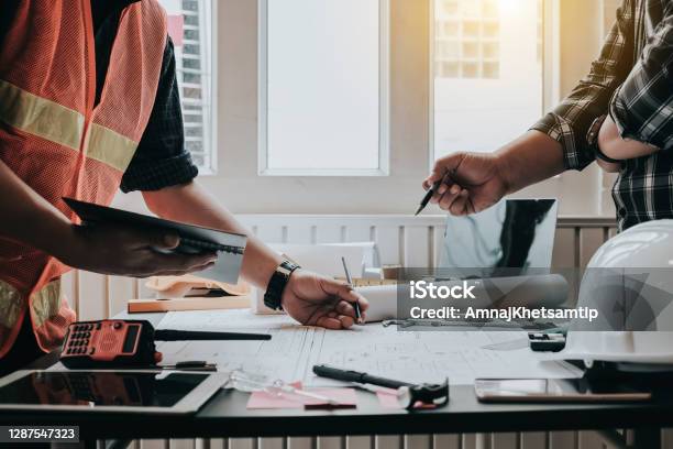 Drawing Project Construction And Planning Work Of Professional Designer And Technician Construction Contractor Stock Photo - Download Image Now