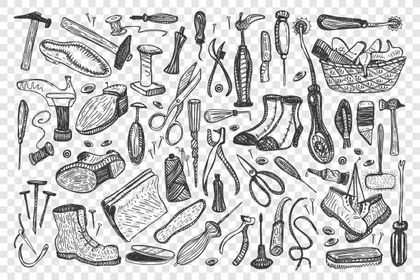 Shoemaking hand drawn doodle set Shoemaking doodle set. Collection of male female boots repair tailoring atelier instruments isolated on transparent background. Handcrafting fashionable fabric footwear workshop equipment illustration shoemaker stock illustrations