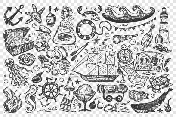 Pirates hand drawn doodle set Pirates doodle set. Collection of sea ocean symbols treasure map gold chest ship mermaid whale rum sailor isolated on transparent background. Corsairs free marine life illustration. boat captain illustrations stock illustrations