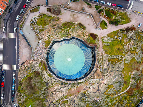 This image shows  aerial view of Helsinki iconic rocky walls of Temppeliaukio Church Temple Square Finland