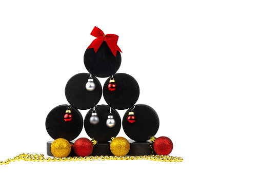 Christmas tree made from hockey puck . Top view. Christmas and New Year Holidays concept. Hockey Christmas tree.