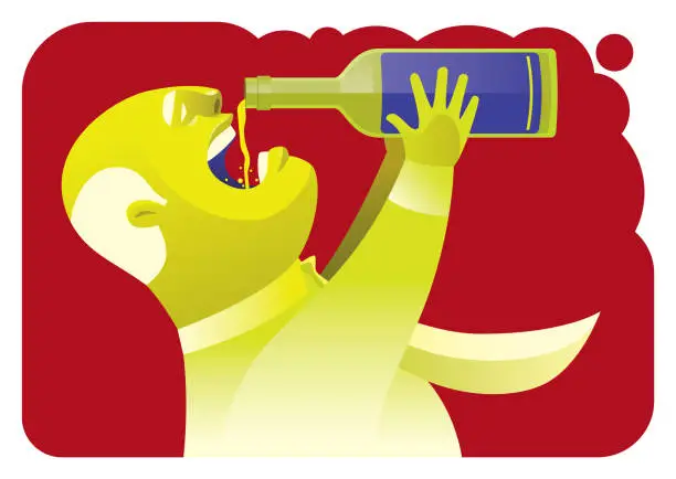Vector illustration of senior man holding beer bottle and drinking