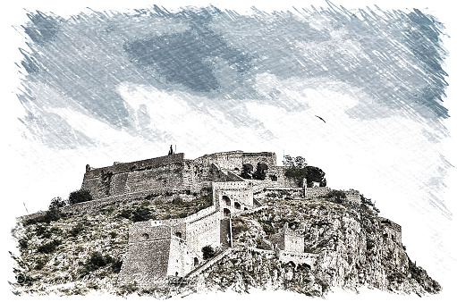 Artistic image. Landscape in Greece with blue sky and castle on Nafplion city