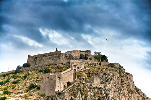 Palamidi fortress on the hill, under a cloudscape, Nafplio, Greece