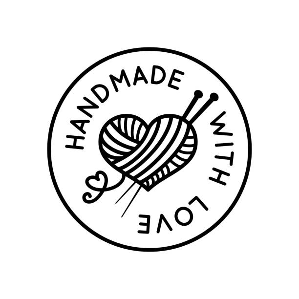 ręcznie robiony z miłością okrągły piękny wektor znak - wool knitting heart shape thread stock illustrations