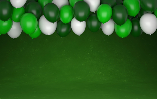 Bright greeting card with balloons for your birthday, St. Patrick's Day. Green illustration. 3D Render