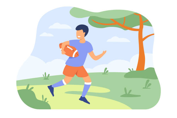 ilustrações de stock, clip art, desenhos animados e ícones de cheerful young boy playing rugby game - rugby cartoon team sport rugby field