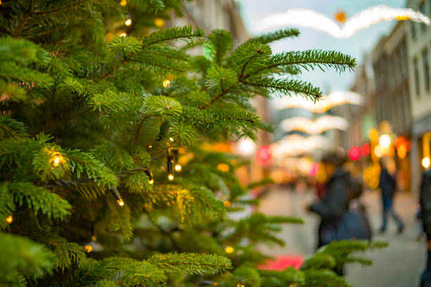 istock Christmas tree with decorations in a shopping street during a december evening 1287554175