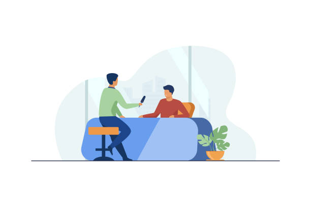 Journalist interviewing guy at desk Journalist interviewing guy at desk. Microphone, discussion, speech flat vector illustration. Social media and communication concept for banner, website design or landing web page interview event clipart stock illustrations