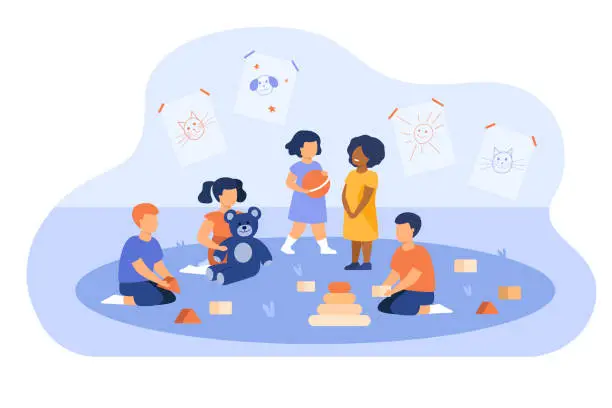 Vector illustration of Group of diverse kids playing in kindergarten