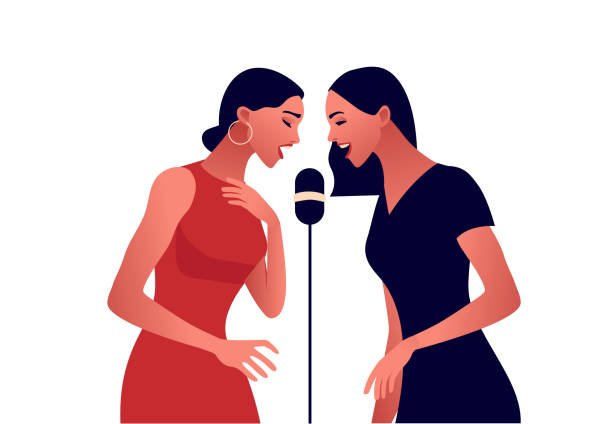 ilustraciones, imágenes clip art, dibujos animados e iconos de stock de mujeres elegantes con vestido rojo cantando en el micrófono - singer singing women microphone