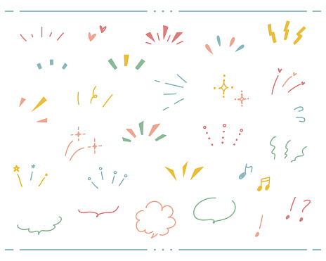 A set of abstract icons representing awareness, attention, concentration, surprise, ideas, inspiration, speech bubbles, and various hand-drawn illustrations