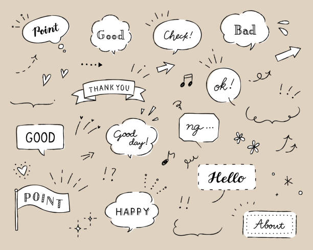 Set of doodle illustrations such as balloons, frames, decorations, hearts, stars, arrows, etc. Set of doodle illustrations such as balloons, frames, decorations, hearts, stars, arrows, etc. speech bubble stock illustrations