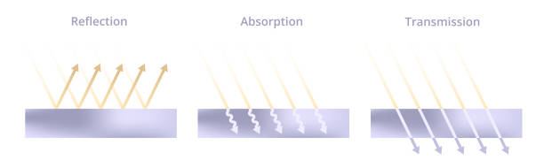 Vector scientific illustration of light reflection, absorption, and transmission. Incoming rays and different physical types of surfaces – mirror, rough, and transparent isolated on white background. Set of three physical and chemical laws of light. Reflected, transmitted, and absorbed light rays isolated on a white background. reflector stock illustrations