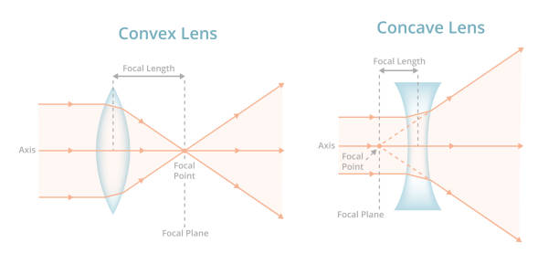 Vector scientific illustration. Convex or converging lens, concave or diverging lens, light rays passing through lens. Physics, optics, photography. Positive, negative labeled lens isolated on white. Labeled negative lens diverging the light rays passing through the lens from an axis and convex lens converges the light rays passing through the lens to a point. The convex or biconvex lens is thicker at its center than at the edge and concave or biconcave lens is thinner in the middle than at the edges. It is used in glasses, googles, optics, photography, camera, laser, telescope, etc. telescope lens stock illustrations