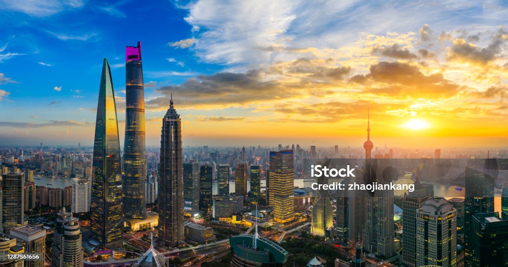 Aerial view of Shanghai skyline and cityscape at sunset. Aerial view of Shanghai skyline and cityscape at sunset,China. China - East Asia Stock Photo
