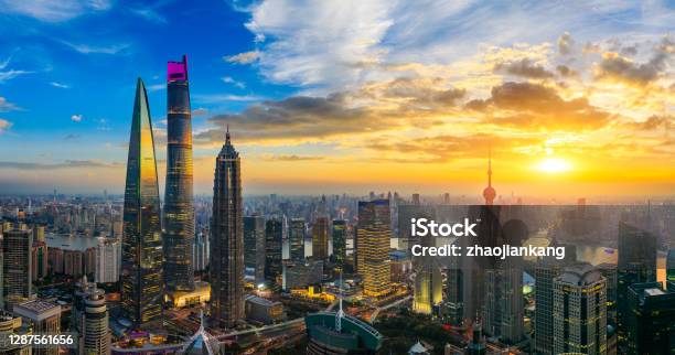 Aerial View Of Shanghai Skyline And Cityscape At Sunset Stock Photo - Download Image Now