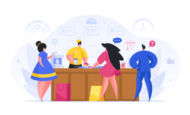 People buy in fast food cafe flat illustration. Two girls receive food and leave online review on their smartphone. People buy in fast food cafe flat illustration. Two girls receive food and leave online review on their smartphone. Smiling salesperson issues order. Guy choose delicious vector from proposed menu. quick service restaurant cashier stock illustrations