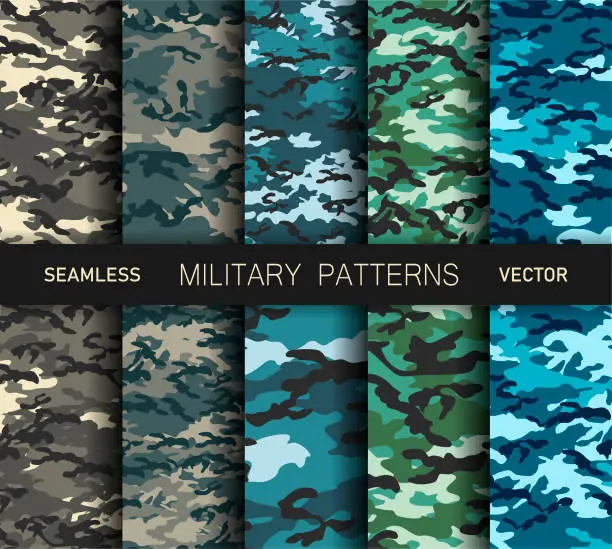 Vector illustration of Set of seamless vector camouflage patterns. Collection of military/ uniform/ army backgrounds for fabric, textile, cover, wrapping etc. 10 eps design.