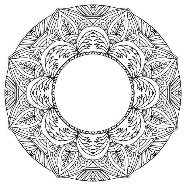 ilustrações, clipart, desenhos animados e ícones de coroa desenhada com ornamentos florais em estilo folclórico em um fundo branco para colorir, vetor, espaço para texto - victorian style frame picture frame wreath