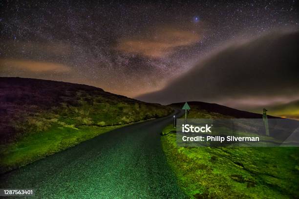 Minor Rural Road At Night With Visible Stars Swaledale Yorkshire Dales North Yorkshire England Britain Stock Photo - Download Image Now