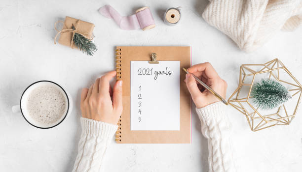 Desktop of woman hands with blank notepad writing 2021 goals text