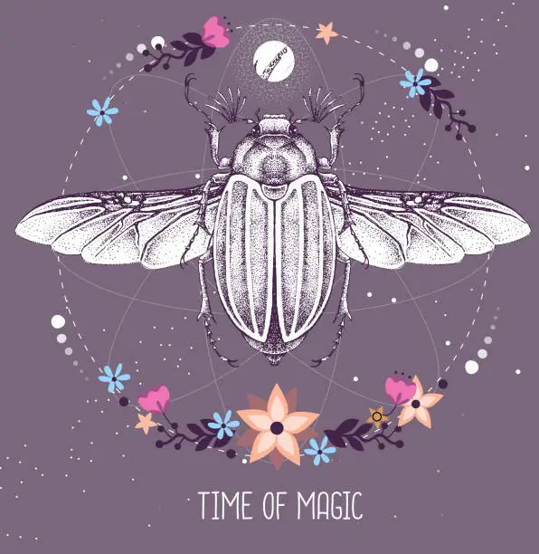 Vector illustration of Modern magic witchcraft taros card with june beetle on astrology background. Vector illustration