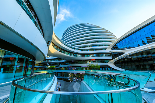 Beijing,China - September 20,2020:Galaxy Soho Building is an urban complex opened in 2014,designed by architect Zaha Hadid.The complex offers shops,offices and entertainment facilities.