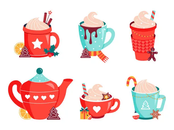 Vector illustration of Hot christmas chocolate cocoa mugs vector set