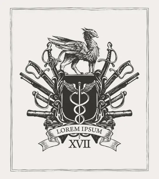 Vector illustration of medieval heraldic coat of arms in vintage style