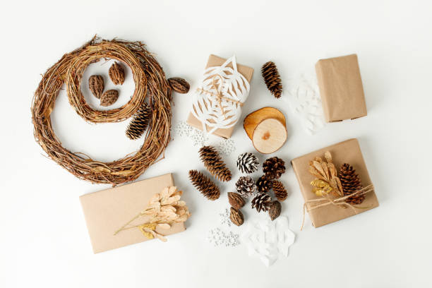 istock Set tools for Christmas and zero waste, eco friendly packaging gifts in kraft paper on white table, eco christmas holiday concept, eco decor banner, copy space, 2021 holiday trend, stay home 1287569997