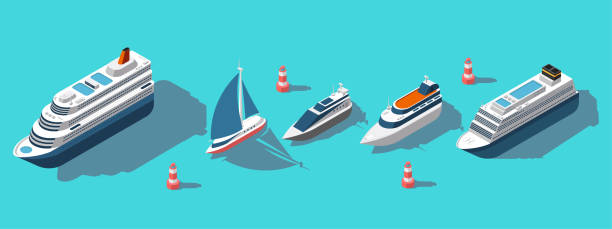 등대 측정 페리, 요트, 보트, 여객선 벡터 세트 - passenger ship illustrations stock illustrations