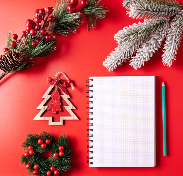 istock Festive Christmas and new year background with a blank Notepad sheet for writing down wishes and goals for the new year 1287572142