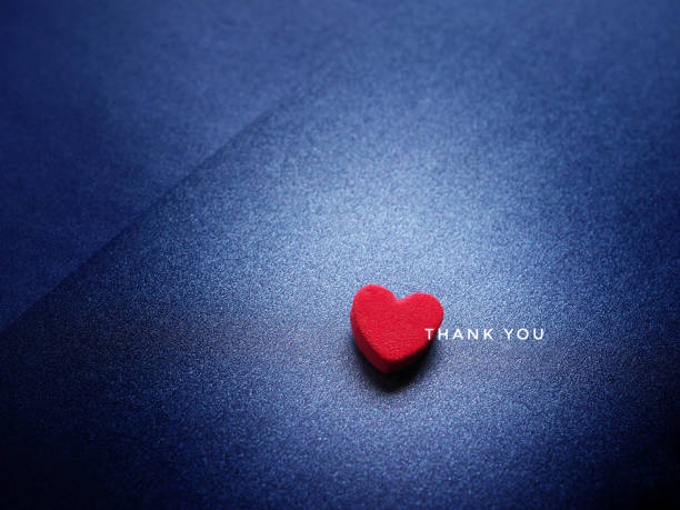 la palabra gracias y corazón rojo sobre el fondo de papel azul oscuro brillante. - thank you fotografías e imágenes de stock