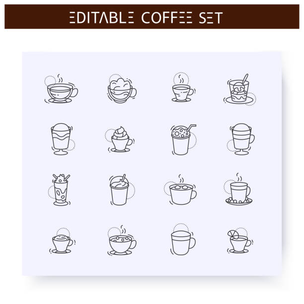 Coffe drinks types line icons set. Editable Coffe drinks types line icons set. Americano, frappe, latte and more. Coffeemania. Coffeehouse menu. Different caffeine drinks receipts concept. Isolated vector illustration. Editable stroke romano cheese stock illustrations