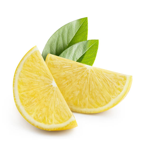 istock Delicious lemon slices with leaves on white 1287572886