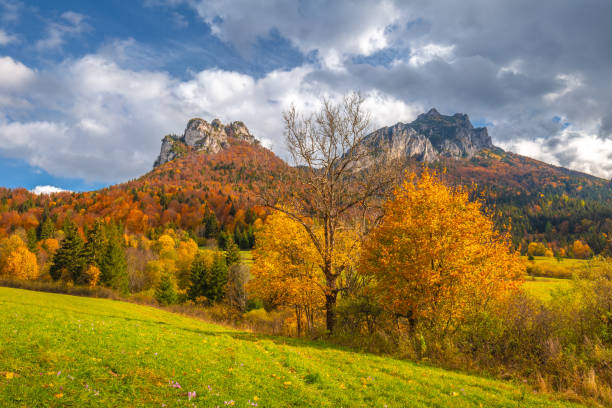 istock Autumn rural landscape with mountains peaks on background. 1287574774