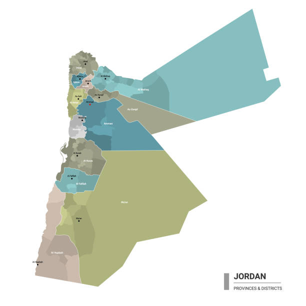 illustrations, cliparts, dessins animés et icônes de jordan higt carte détaillée avec subdivisions. carte administrative de la jordanie avec le nom des districts et des villes, coloré par les états et les districts administratifs. illustration vectorielle. - ajlun