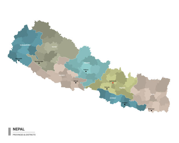 Nepal higt detailed map with subdivisions. Administrative map of Nepal with districts and cities name, colored by states and administrative districts. Vector illustration. Nepal higt detailed map with subdivisions. Administrative map of Nepal with districts and cities name, colored by states and administrative districts. Vector illustration. lumbini nepal stock illustrations